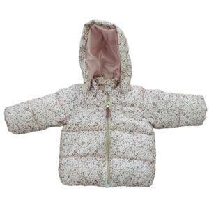 H&M BABY GIRLS FLORAL PUFFER JACKET WITH REMOVABLE HOOD GOLD TONE FRONT ZIPPER